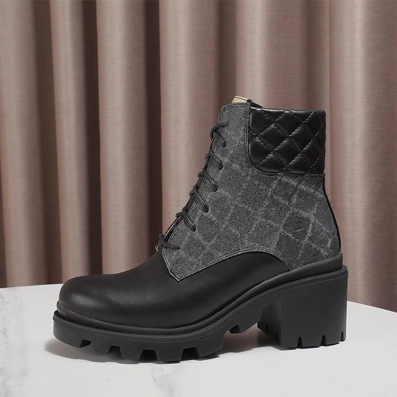 

Martin Boots Women Shoes Desert Boot High Heeled Luxury Autumn Coarse Heel Designer Real Leather Letter Lace Up Fashion Lady Black Heels Large size 35-42 with box, Pure white+blue letters