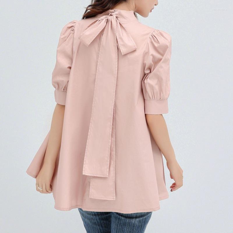 

Women's Blouses Elegant Office Lady Back Bow For Women Vintage Stand Collar Summer Tops Fashion Lace Up Design Shirts Short Sleeve, White