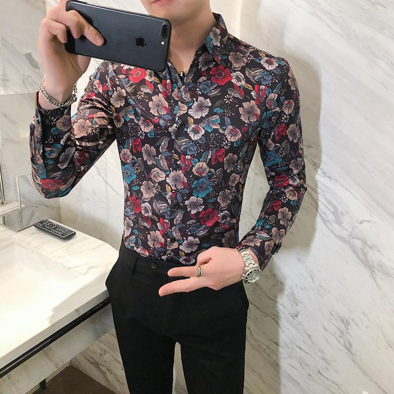 

Men's Casual Shirts Autumn Fashion Male Shirt Long Sleeve Slim Fit Button For Men Printed Floral Social Party Clothing, Multi
