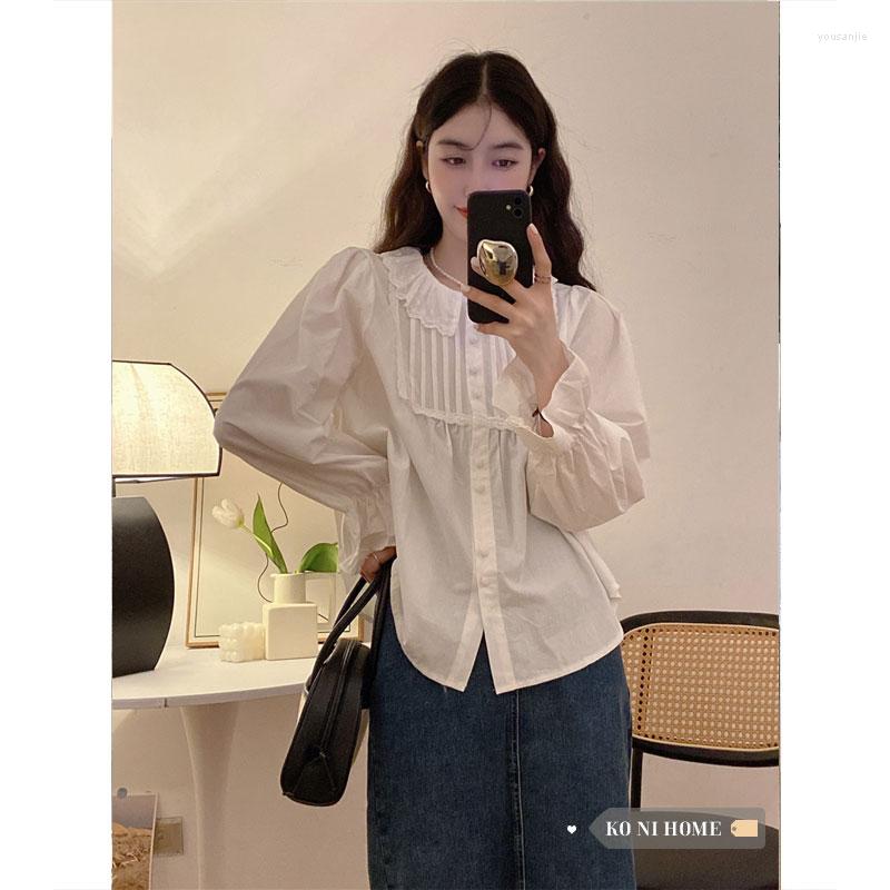 

Women's Blouses Korobov Autumn Solid Color Sweet Lace Ruffles Doll's Collar Long Sleeve Shirts Korean Fashion Blusas Mujer De Moda 2022, White