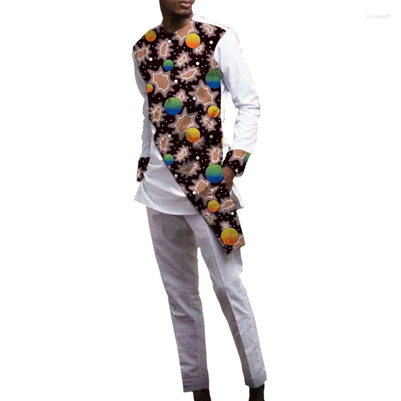

Men's Tracksuits High-Fashion Men's Pant Set Patchwork Shirts Asymmetrical Design Tops Solid White Trousers Male African Wedding Groom