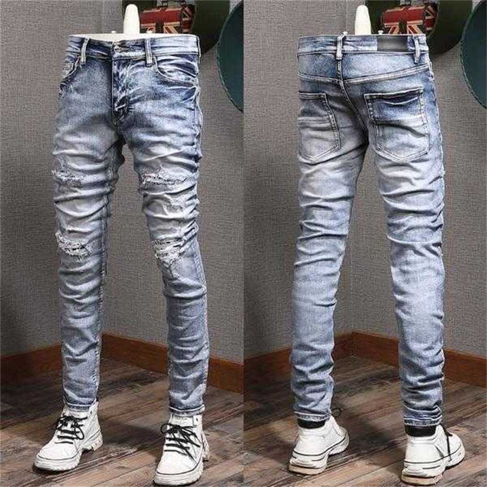 

Men's Jeans Patches Detail Biker Fit Men Slim Motorcycle for Mens Vintage Distressed Denim Jean Pantsxp26, Amr-8161
