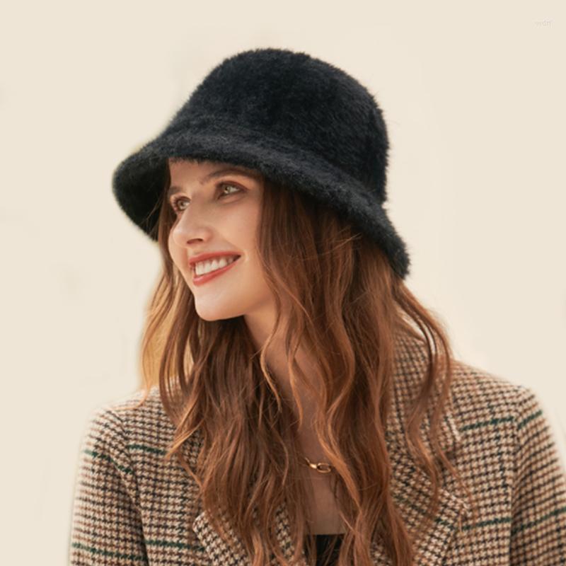 

Berets Furry Knitted Fisherman Hat Female 2022 Winter Warm Metallic Logo Temperament Solid Color Mink-Like Basin Hats For Women, Black