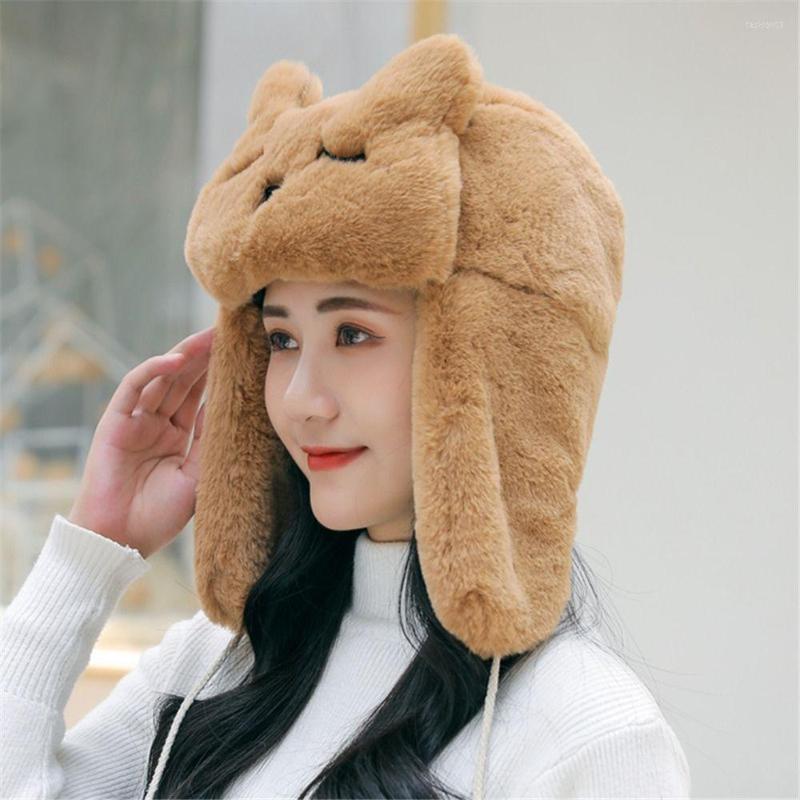 

Berets Women Cute Cartoon Plush Trapper Hat Ushanka Russian Cossack Cap Faux Fur Earflap Winter Warm Bomber Hats Bonnet, Black
