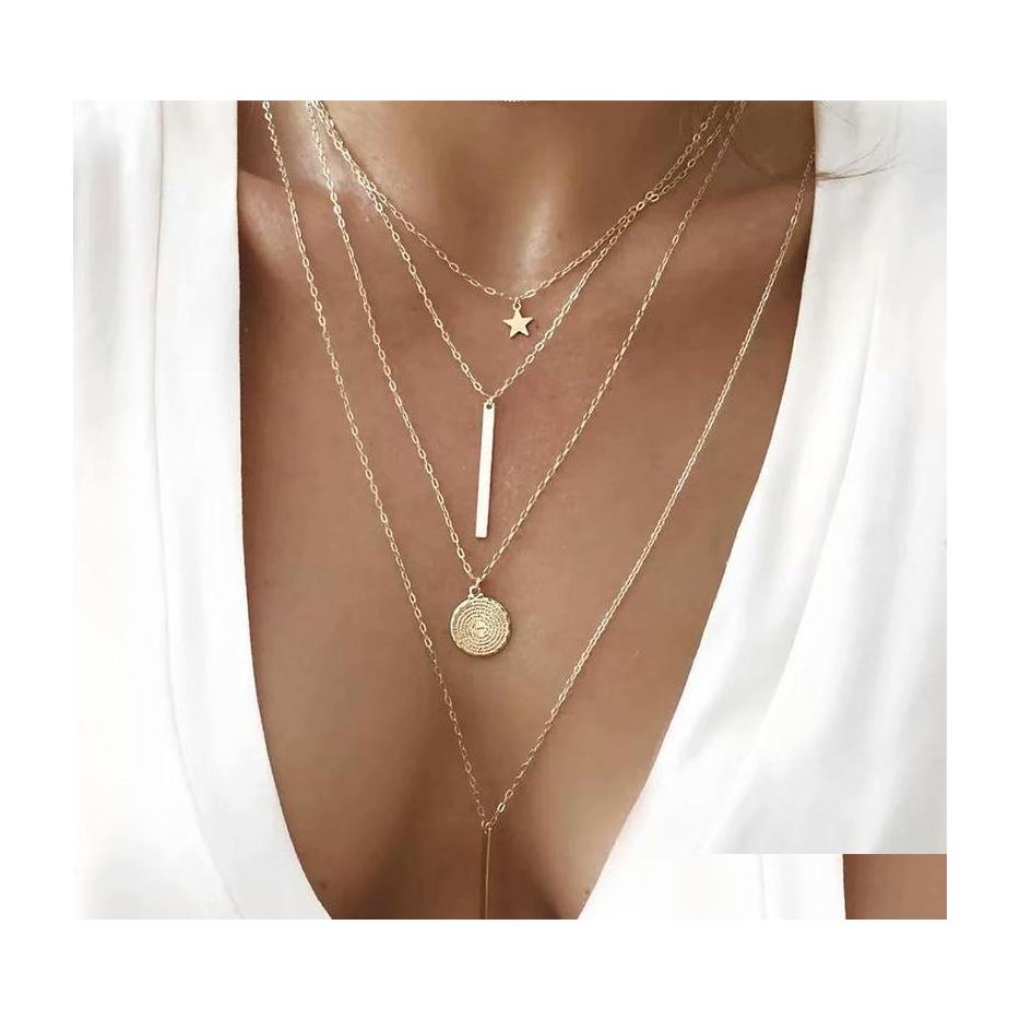 

Pendant Necklaces Mtilayer Star Coin Chain Necklace For Women Retro Female Gold Pendants Necklaces Ladies Wedding Party Jewelry Girl Dhyaa