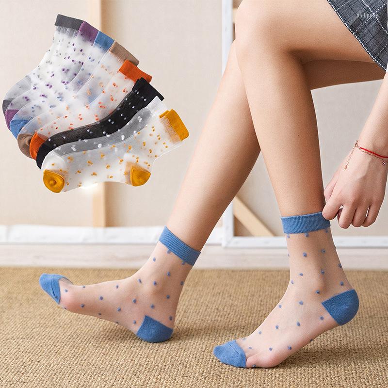 

Men's Socks 4 Pairs Pack Summer Transparent Casual Women Long Thin Polka Dot Cute Candy Color Girls Breathable Soft