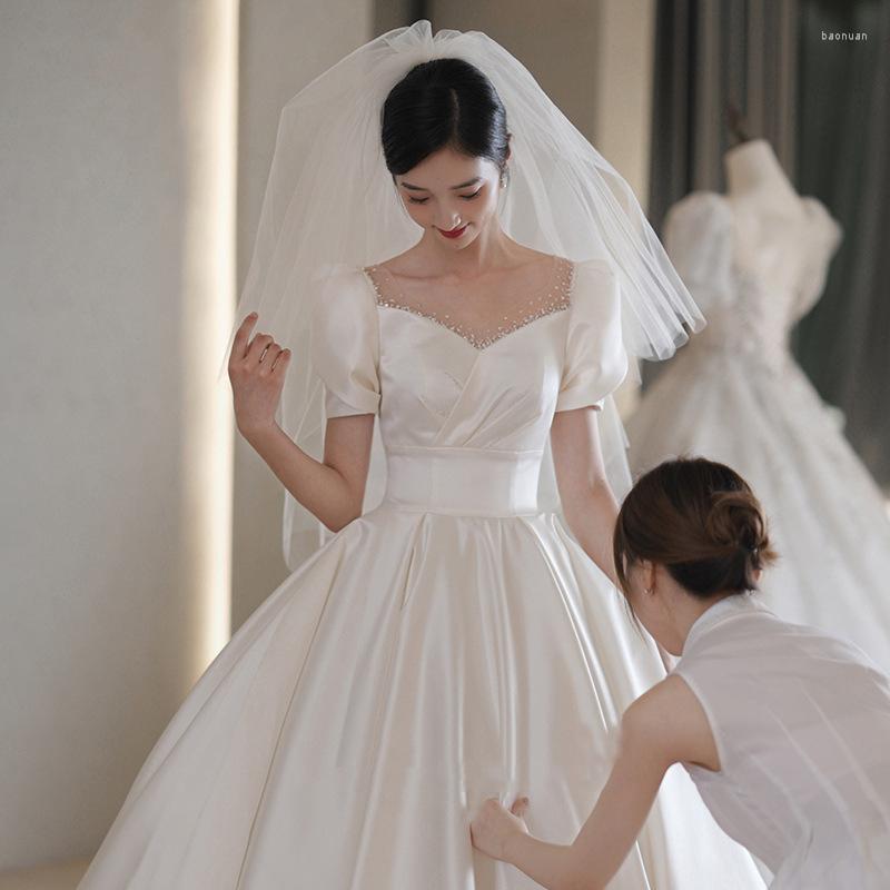 

Ethnic Clothing Elegant Square Neck Short Sleeve Wedding Dress Bride Simple Satin Vintage Tailing Prom Vestido De Noiva