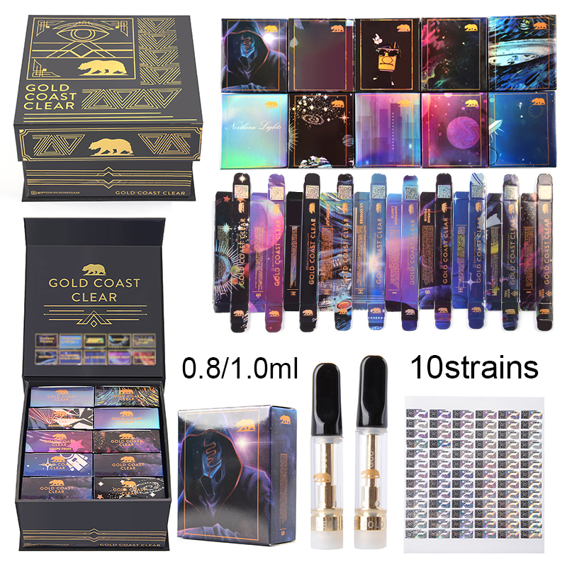 GCC 0.8ml 1.0ml Atomizers Hero Edition Black Editions Gold Coast Clear Vape Cartridges Packaging Thick Oil Glass Tank 20strains