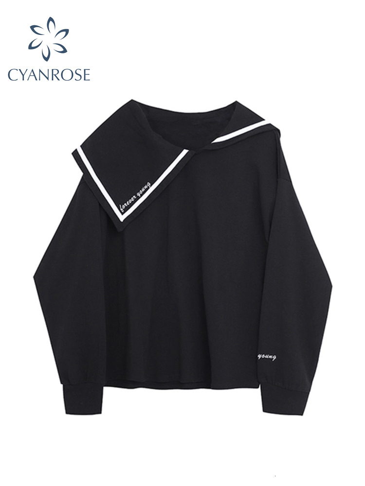 

Women's Hoodies Sweatshirts Woman Sweatshirt Autumn Pullover Korean Streetwear Ladies Preppy Long Sleeve Fashion Sailor Collar Loose Casual 221201, Black