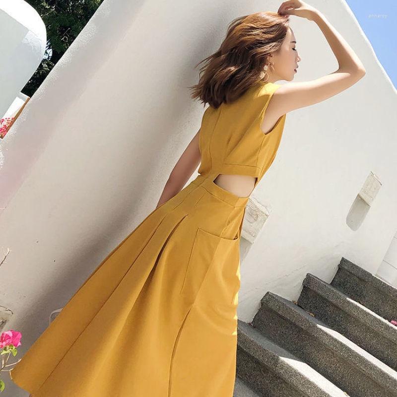 

Casual Dresses Summer Sleeveless Dress Women Korean Fashion Hollow-out Waist Slim A-Line Holiday Party Clothing 2022, Black