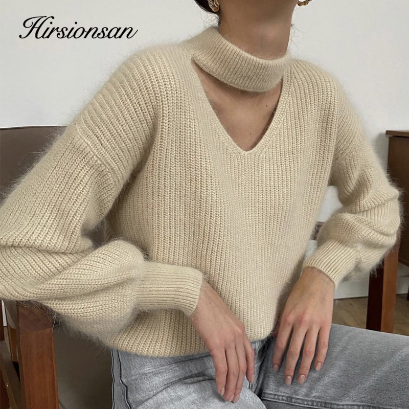 

Women's Sweaters Hirsionsan Soft Warm V Neck Sweater Women Elegant Candy Color Knitted Female Pullovers Loose Cashmere Basic Knitwear Jumper 221201, Orange