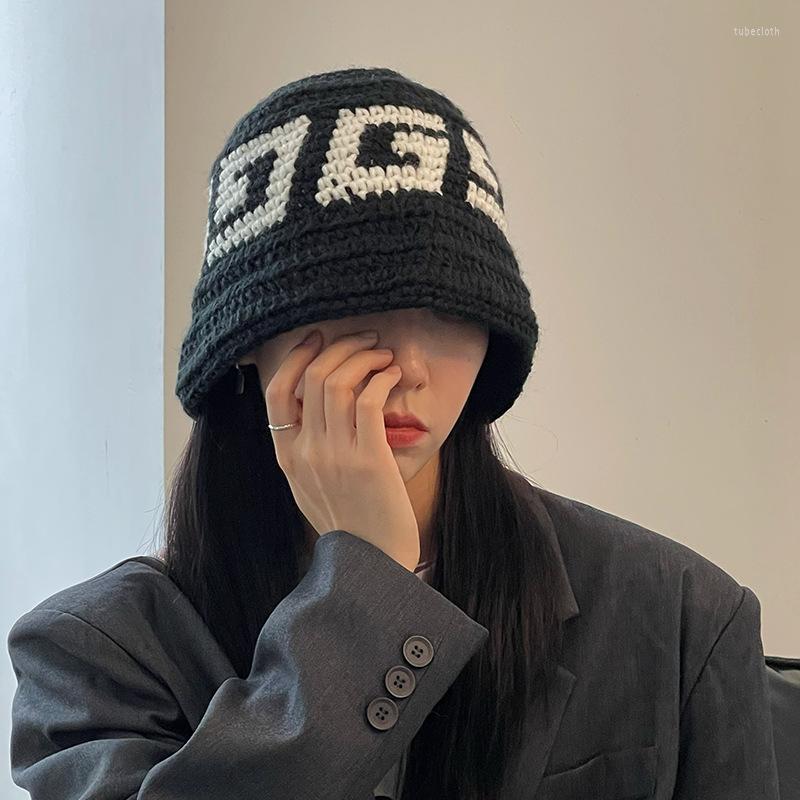 

Berets Japanese Retro Alphabet Knitted Fisherman Hat Women's Autumn And Winter All-match Outdoor Leisure Warm Bucket Caps, Black