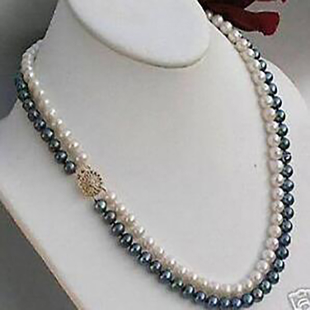 

2rows 7-8mm black white freshwater Cultivation pearl necklace 17-18"
