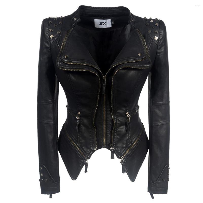 

Women' Leather Women' PU Rivet Jackets Steampunk Streetwear Chic Slim Short Locomotive Coat Female Outerwear Chaqueta Mujer, Black