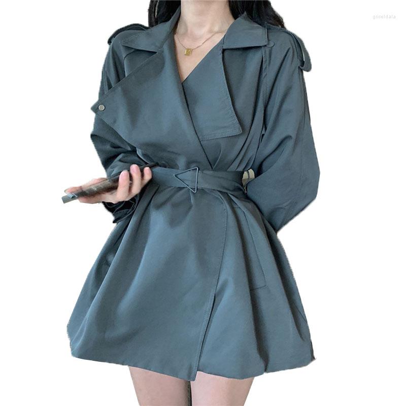 

Women' Trench Coats 2022 Coat Female Fashion Spring Autumn Casual Tops Korean Style Mid-Long Gray Sashes Outwear Windbreaker K1107