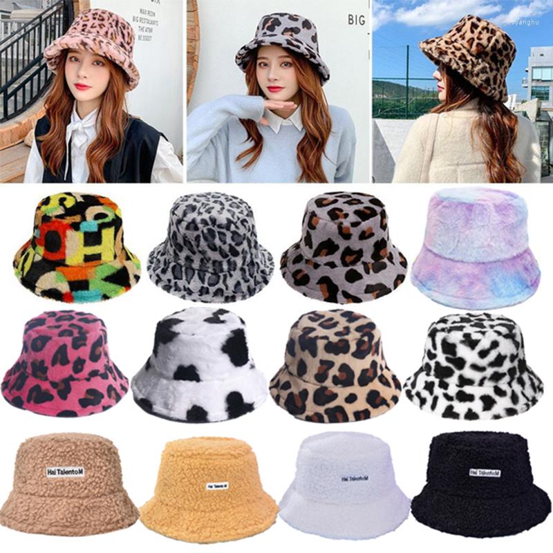 

Berets 2022 Winter Cow Print Plush Bucket Hats For Women Soft Velvet Fisherman Cap Lady Tourism Outdoor Warm Hat Fashion Flat Top, Color 9