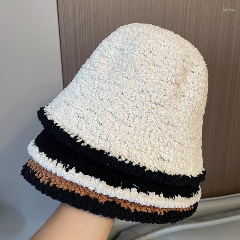 

Berets Winter Women's Knitted Fisherman Hat Female's Cold Proof Warm Basin Color Contrast Panama Trending Wool Bucket Hats