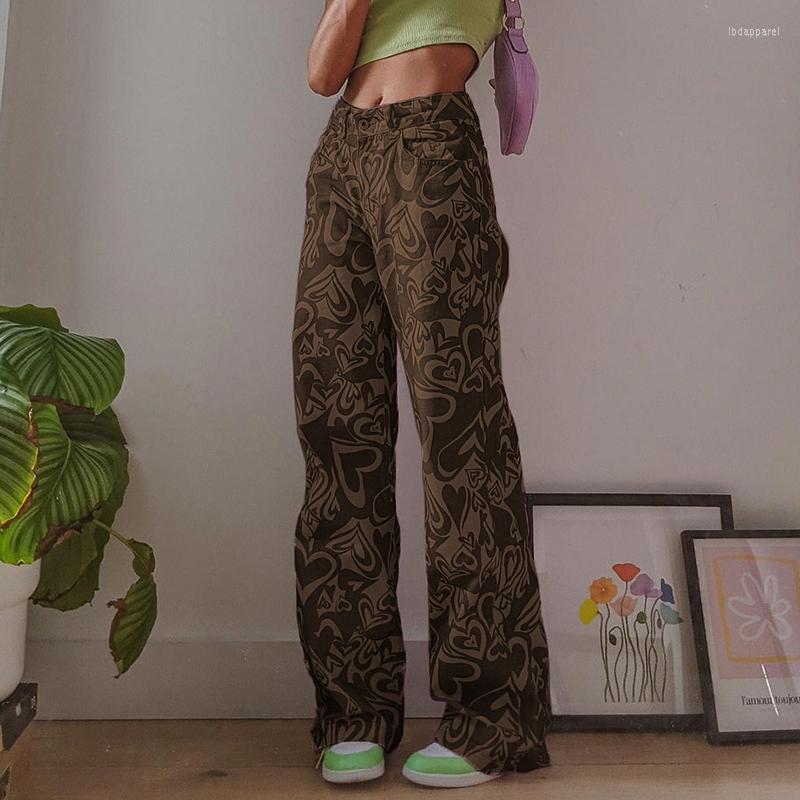 

Women' Jeans Fashion Straight High Waist Women Stylish Love Heart Pattern Wild Casual Daily Streetwear Brown Denim Pants Trousers