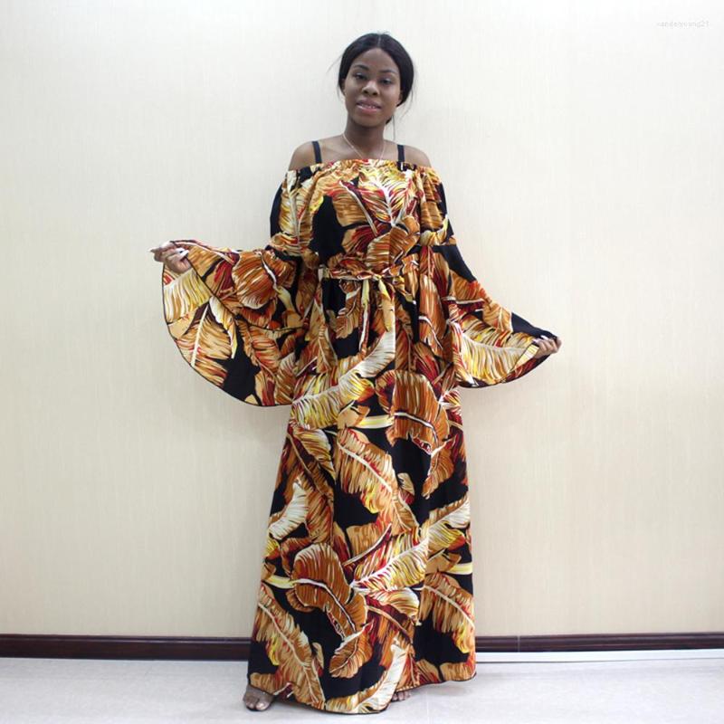 

Ethnic Clothing 2022 Fashion Palm Leaf Print Off Shoulder Butterfly Sleeves Beach Style African Dashiki Women Dress