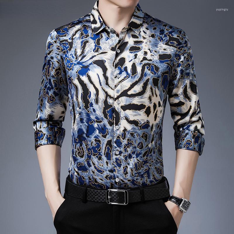 

Men's Casual Shirts Luxury Leopard Patten Silk Satin Shirt Men 2022 Brand Slim Fit Mens Dress Party Prom Stgae Clothing Chemise, Pattern 1