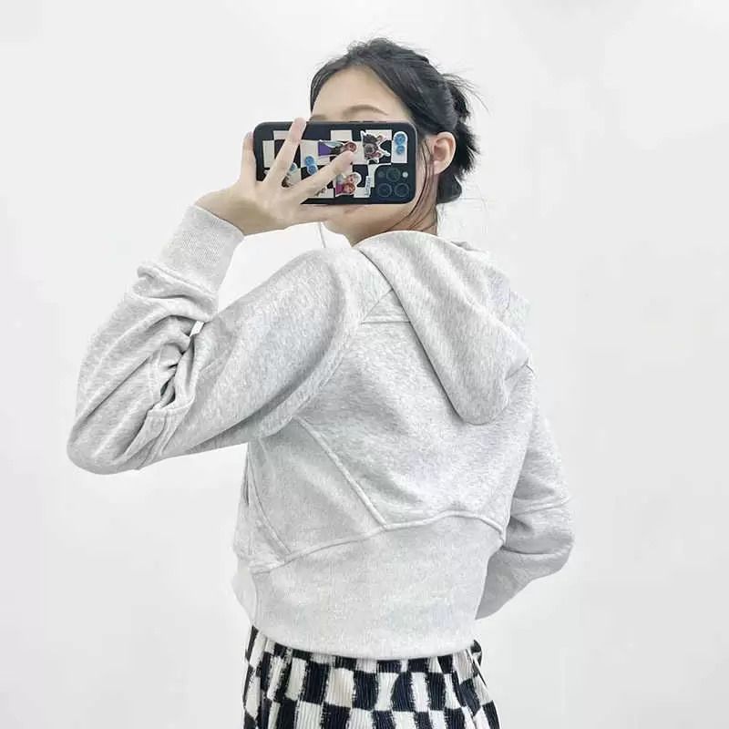 

LU-2022 Gym Coat Cropped Sweatshirts Half-Zip Hoodie Relaxed Fit Yoga Top with Thumbholes Hoodies Women Sports Jacket Hooded Top Lady Girls, Black