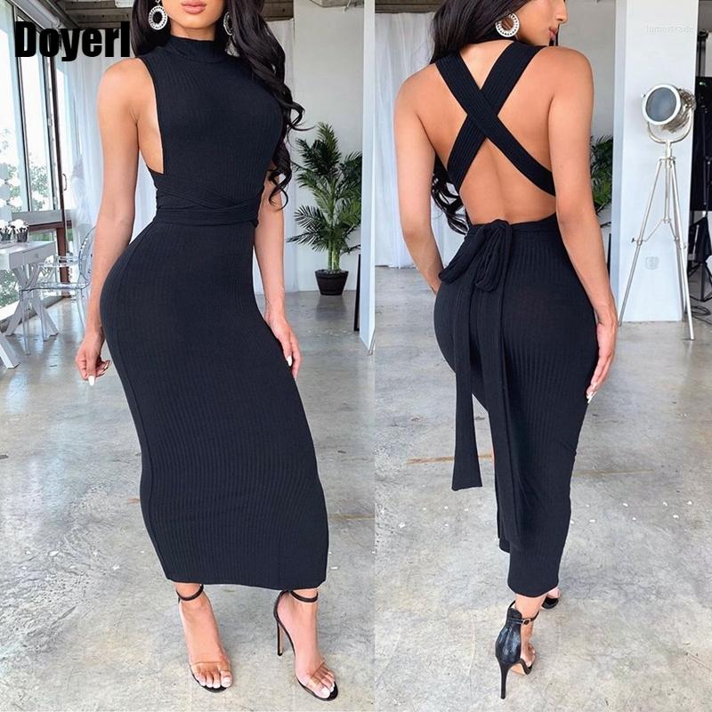 

Casual Dresses Club Party Sexy Dress Women Wrap Backless Bandage Bodycon Autumn Sleeveless Back Hollow Out Slim Sheath Black