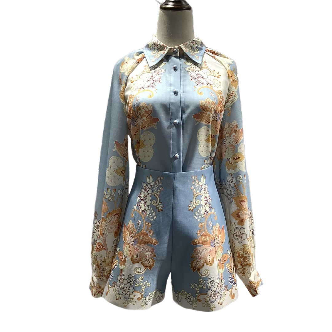 

New French Lantern Sleeve Autumn New Print Shirt Fashion Linen Buckle Design High Waist Shorts Set, Customize
