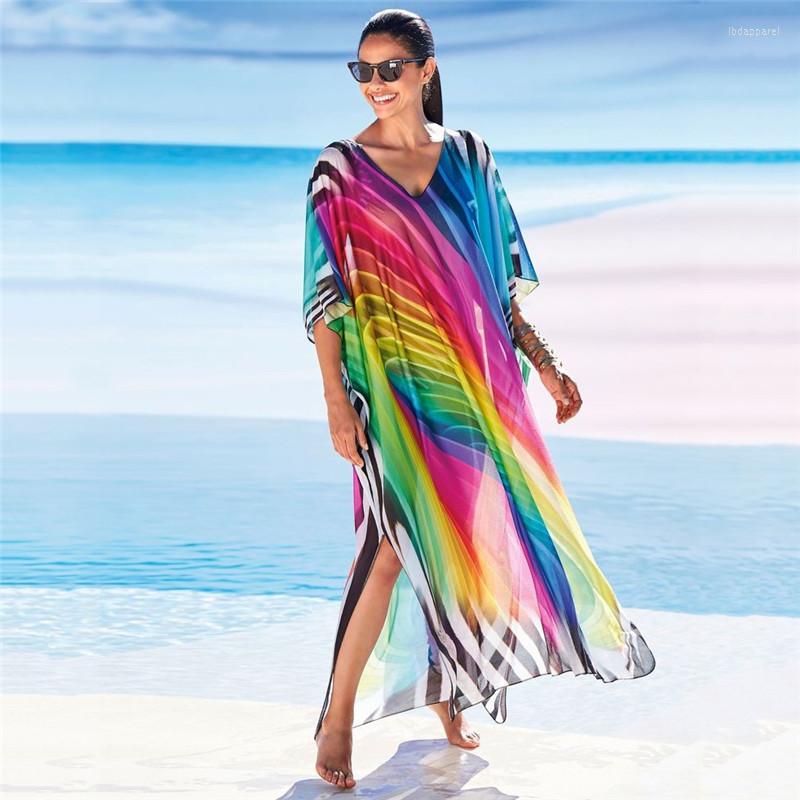 

Women's Swimwear Colorful Printing Bikini Cover Up Women Sexy Maxi Dress Split Plus Size Beach Tunic Kaftan Pareo Swimsuit Ups Sarong, As the picture