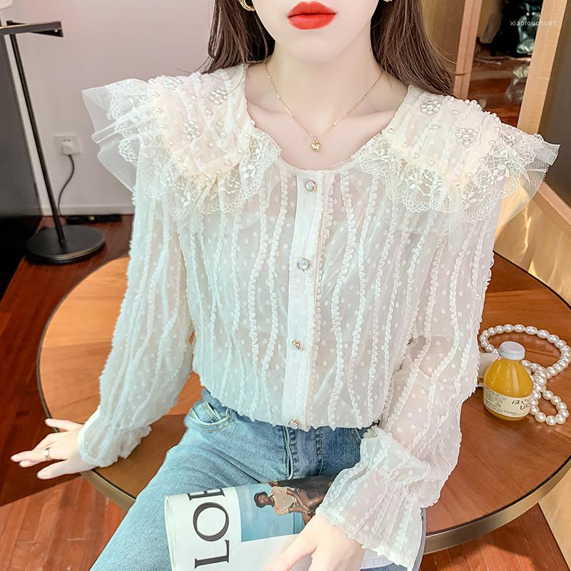 

Women' Blouses 2022 Autumn Korean Version Of Loose Doll Collar Chiffon Shirt Women' Inner Trumpet Sleeve Top Bottoming Blouse, Beige
