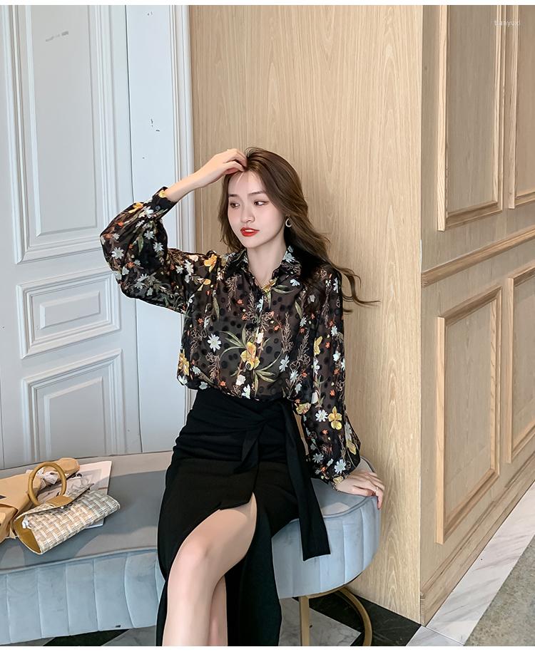 

Women' Blouses Sexy Perspective Sunscreen Floral Shirt Women 2022 Summer Chiffon Loose Lantern Sleeve Embroidery Blouse, Black