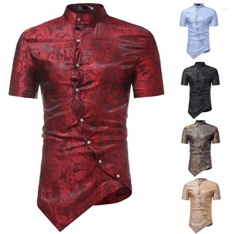 

Ethnic Clothing Irregular African Traditional Shirt For Man 8Colors Short Sleeve Dashiki Riche Bazin Summer Stand Collar Fashion Tops