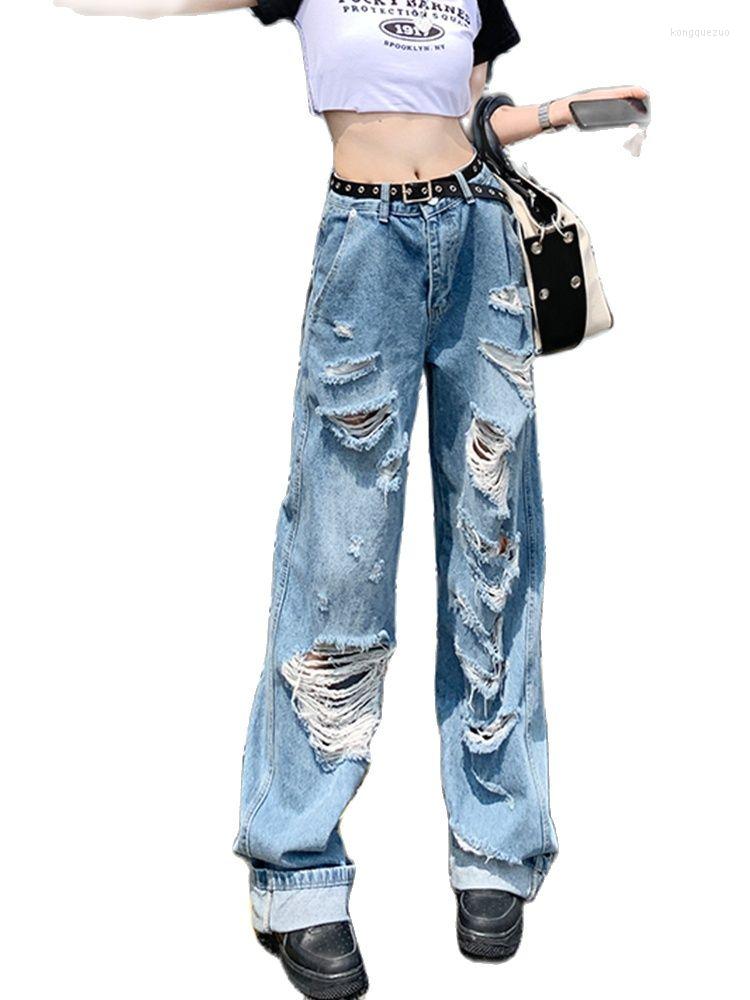 

Women's Jeans Casual Irregular Flower Knife Ripped High Waist Loose Wide Leg Trousers 2022 Summer Korean Fashion Clothing, Blue