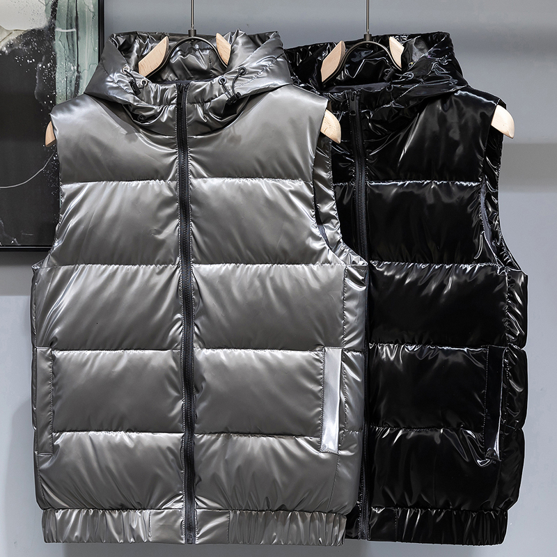 

Men's Vests Autumn Winter Men Bright Vest Hooded Warm Thicken CottonPadded Waistcoat Solid Color Streetwear Sleeveless Jackets 221202, Black