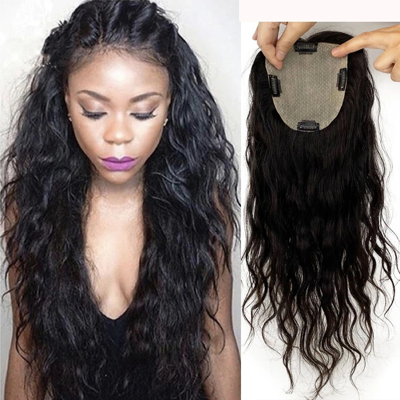 

10"-18" Silk Base Human Hair Topper with 4 Clips In Hair Toupees Brazilian Loose Wavy Fine Hairpiece Toupee For Women 6x6", Natural color