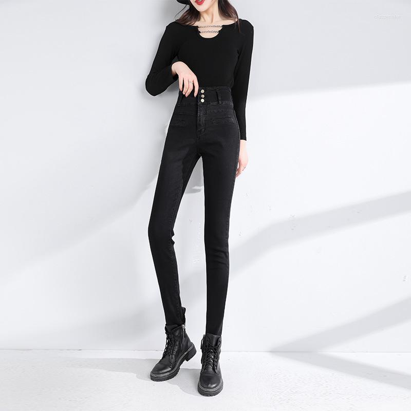 

Women's Jeans 2022 High Waist Breasted Women Slim Pencil Black Blue Skinny Autumn Button Pockets Quality Woman