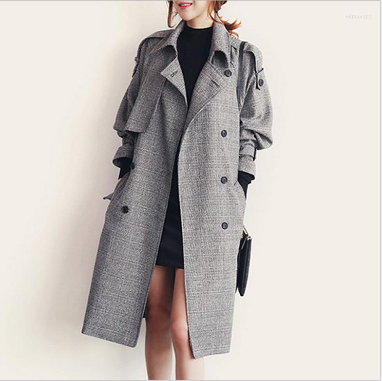 

Women' Trench Coats Women Double Button Long Fahsion Cplaid Windbreaker Coat Spring Autumn Outwear Office Lady Fashion W1009, Gray