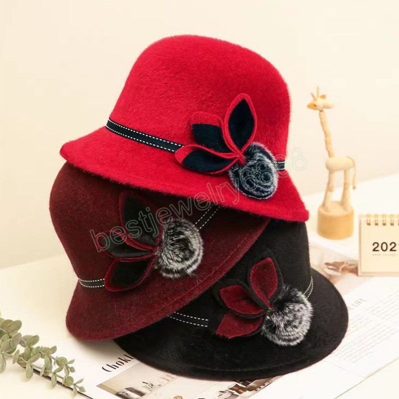 

Women Autumn Winter Wool Hats Ladies Dome Hat Vintage Elegant Fedoras Cap With Flower Sun Hat Casual Bucket Caps, Mixed color