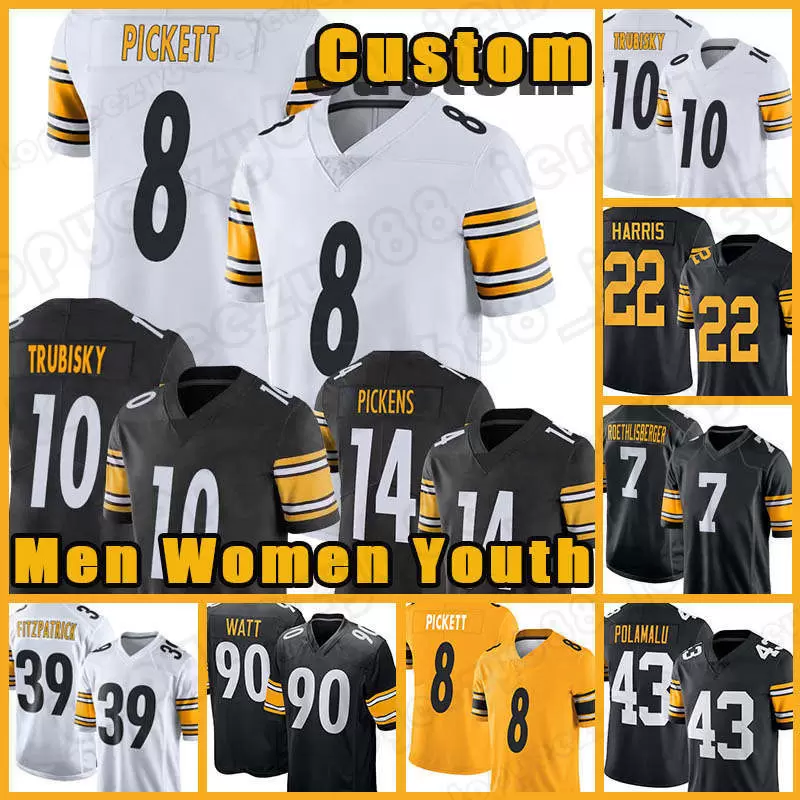 

8 Kenny Pickett Mitchell Trubisky Custom Najee Harris Football Jerseys Steelers''T.J. Watt Chase Claypool Ben Roethlisberger Minkah Fitzpatr, Custom youth(gr)
