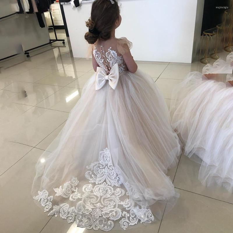 

Girl Dresses White Simple Ball Gown Flower Dress Lace Appliques Baby Party Cap Sleeves Puffy Back Bow For Wedding Birthday, Champagne