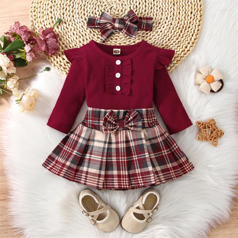 

Clothing Sets 3Pcs Baby Girls Clothes Fall Outfit Ribbed Long Sleeve Romper Plaid Pleated Skirt Headband Set For Toddlers 0-18 Months, Red
