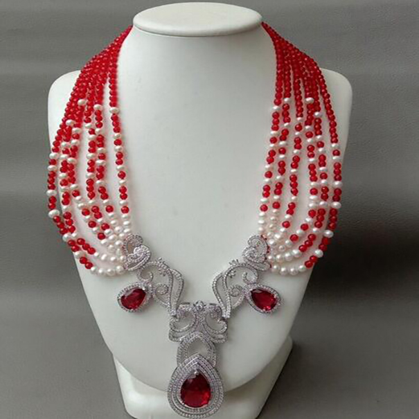 

Fashion Jewelry 6 Rows Cultured White Pearl red Jade Necklace 21"