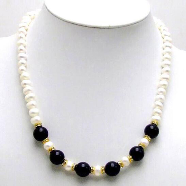 

7-8mm Round White Pearl Necklace Women 10mm Black Jade Chokers 18''