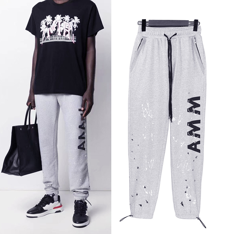 

Men's Pants trend ink splashing vintage letter printing American style high street hand-painted leggings casual pants 100%cotton women, Light gray