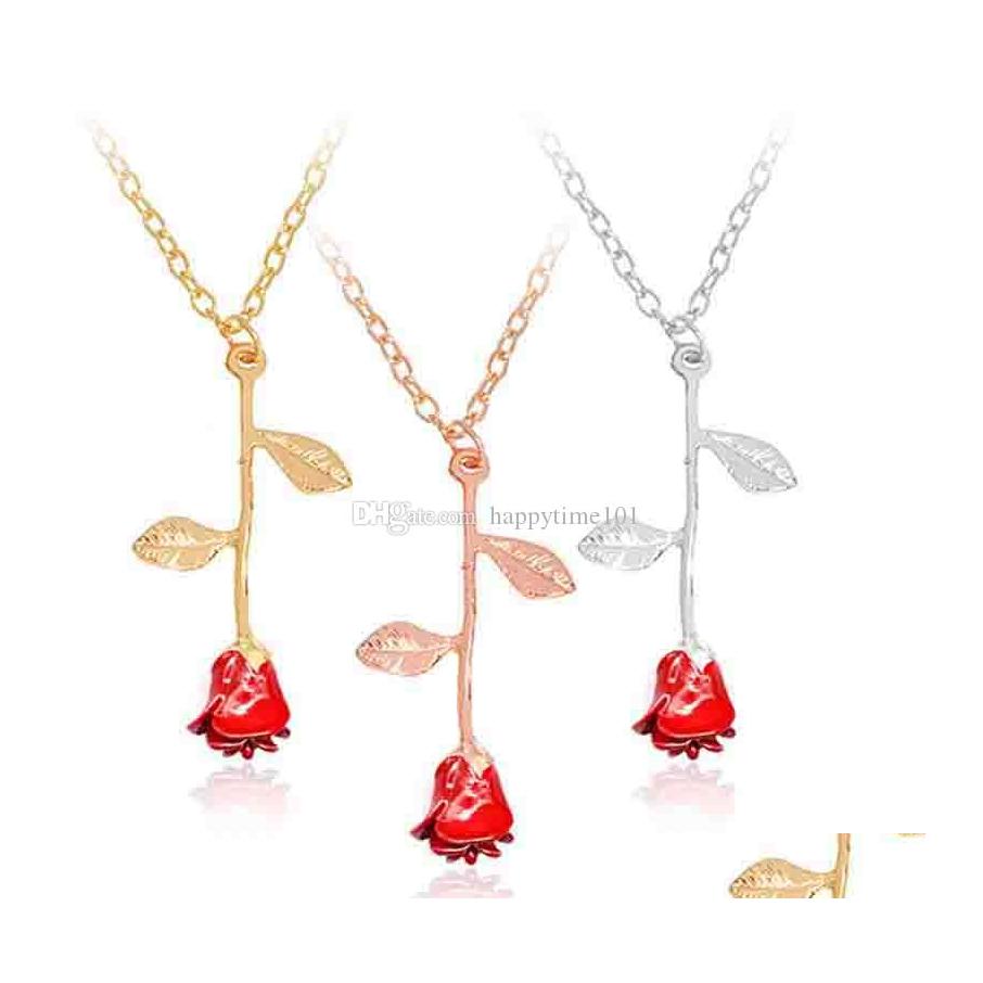 

Pendant Necklaces Fashion Jewelry Pendant Red Rose Flower Gold Chains Choker Necklaces Romantic Valentines Day Gifts Statement Drop Dhc9Y