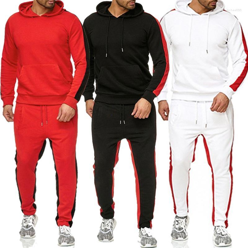 

Men's Tracksuits 2 Pieces Sets Tracksuit Men Brand Autumn Winter Hooded Sweatshir Drawstring Pants Male Stripe Patchwork Hoodies Casual, Red