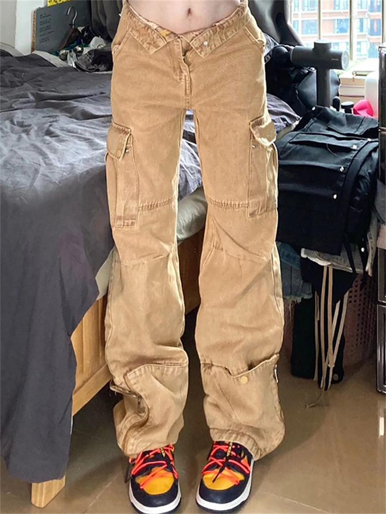 

Women' Jeans Vintage Women Bottoms Khaki Cargo Fashion Baggy High Waist Wide Leg Pants Street Straight Denim Trouser Ladies Summer