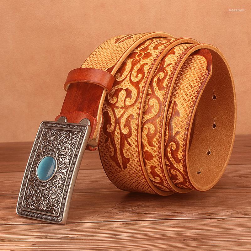 

Belts Quality Design Chinese Ethnic Style Auspicious Pattern Embossing Cow Shin Genuine Leather Belt For Men 3.8cm Wide, Orange