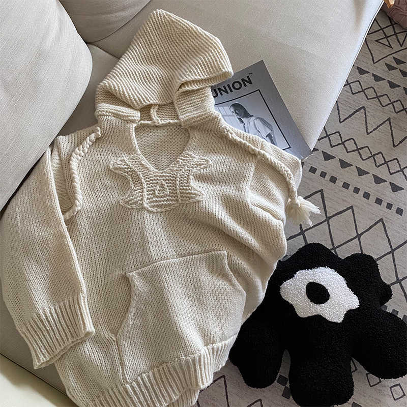 

Women's Jacket Sweater Coat Cell 22FW Celebrity Autumn Style V-neck Loose Fashion Hooded Design Long Sleeve Knitwear Pullover WomenEl 45SH, Beige