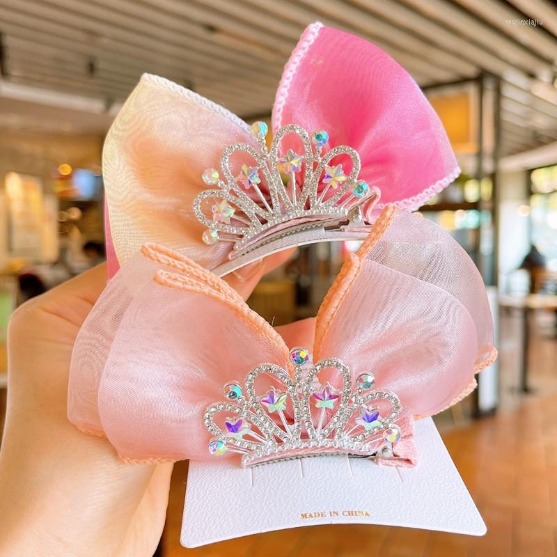 

Hair Accessories Shiny Rhinestones Star Crown Bow Clips Girl Handmade Mesh Bowknot Hairpin Kids Top Head Barrettes Princess, Pink