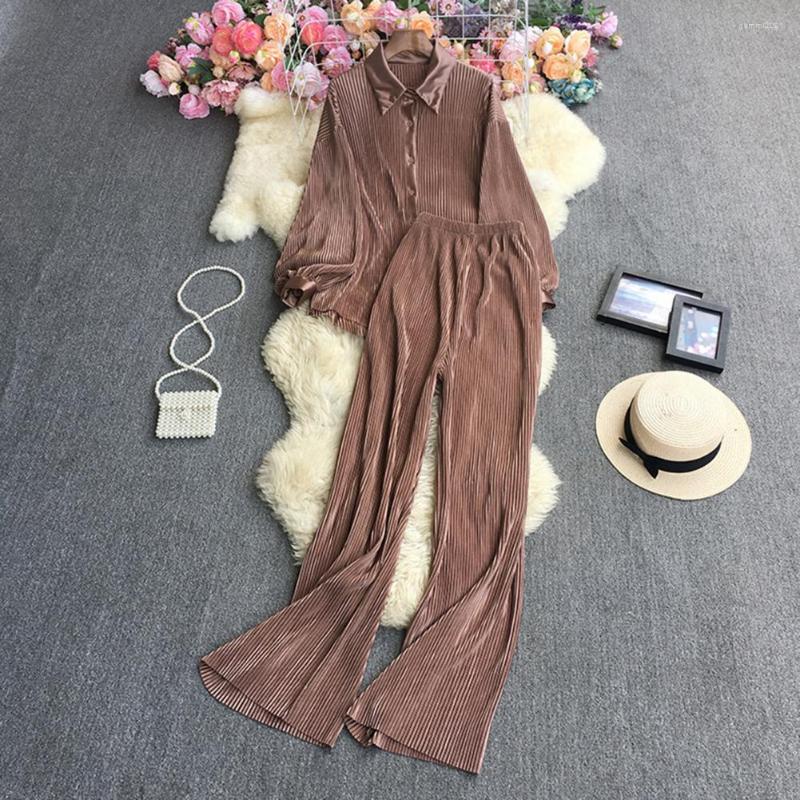 

Women's Two Piece Pants Stylish Women Shirt Set Whorl Texture Breathable Autumn 2 Pieces Wide Leg, Black